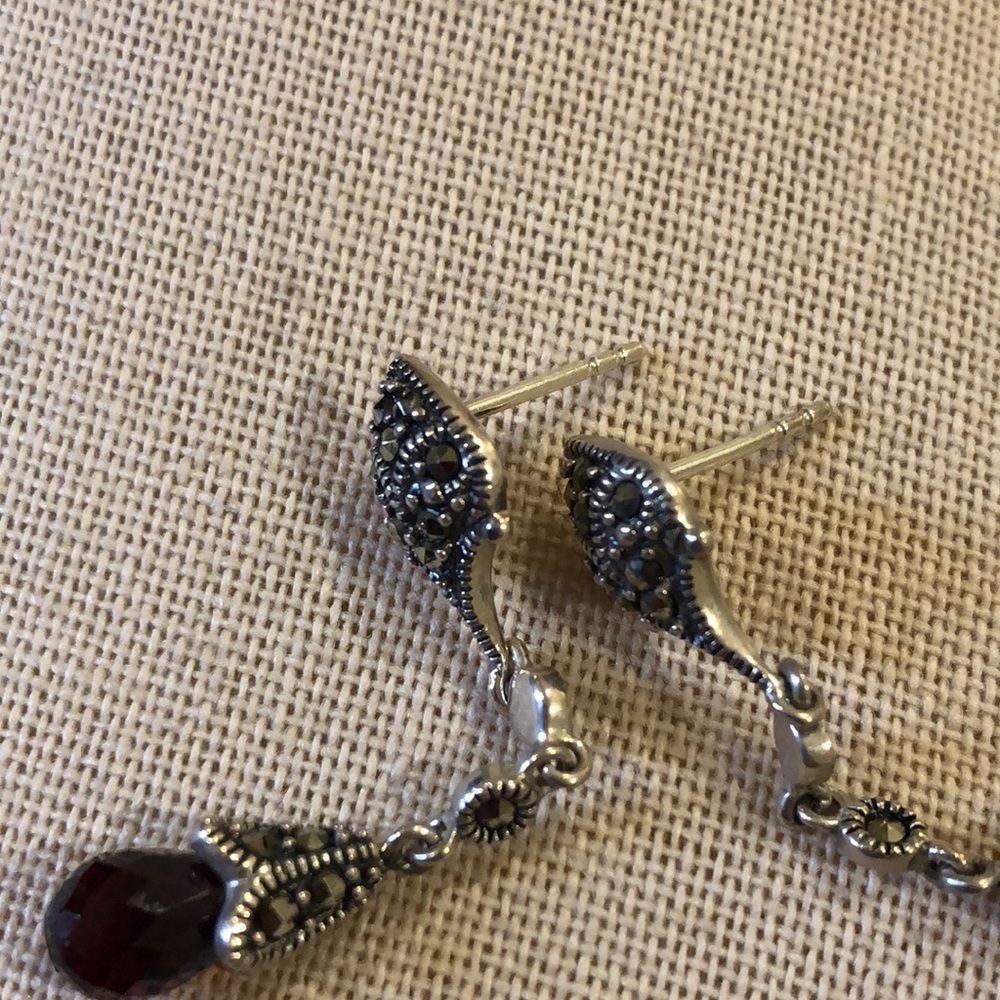 Vintage Red Garnet and Marcasite Long Drop Dangle Sterling Silver Earrings - Picture 3 of 14
